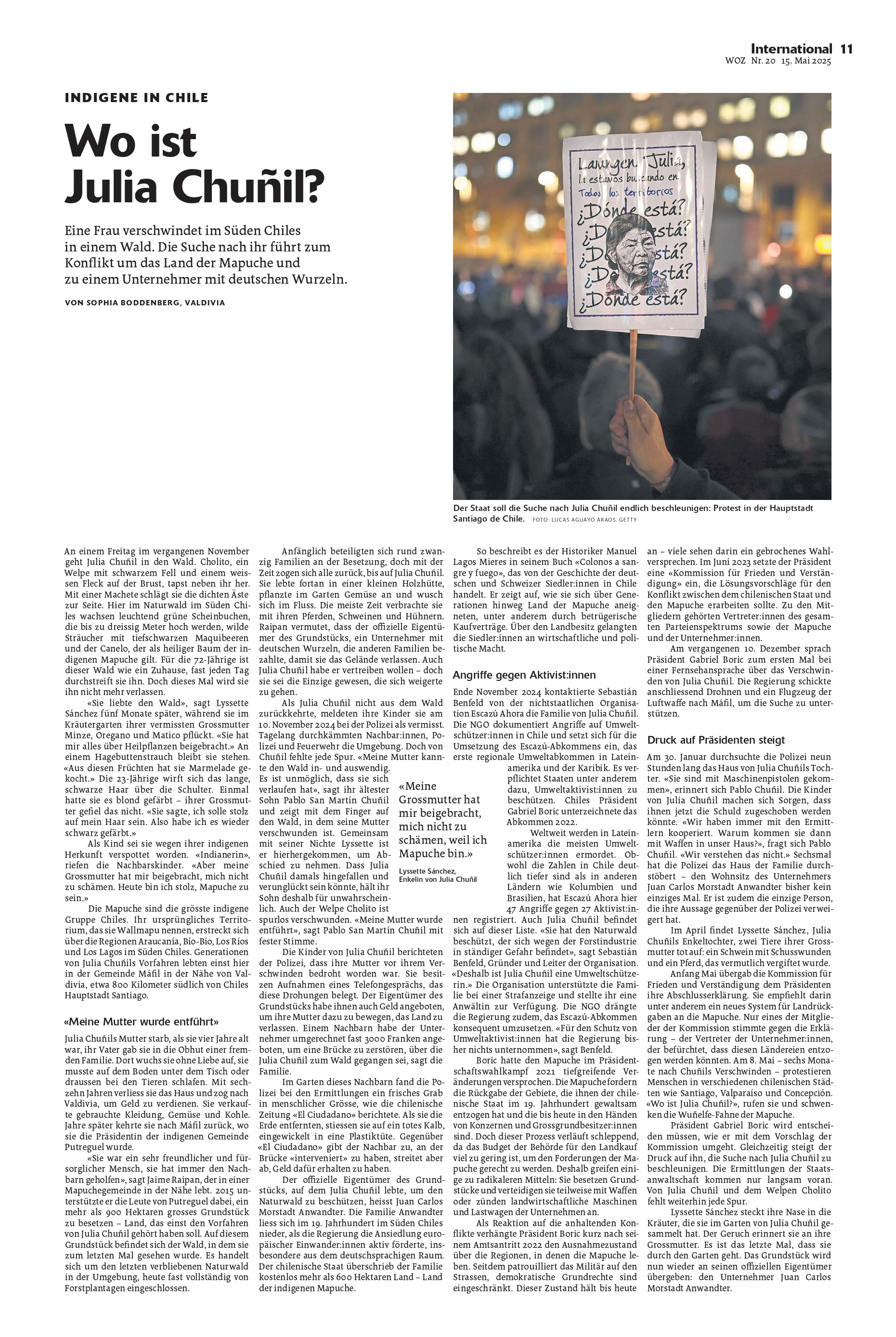 WOZ: Indigene in Chile – Wo ist Julia Chuñil?